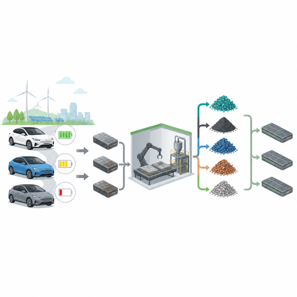 Figure 1. How worn-out electric car batteries move from vehicles to smart disassembly and back into new batteries and materials