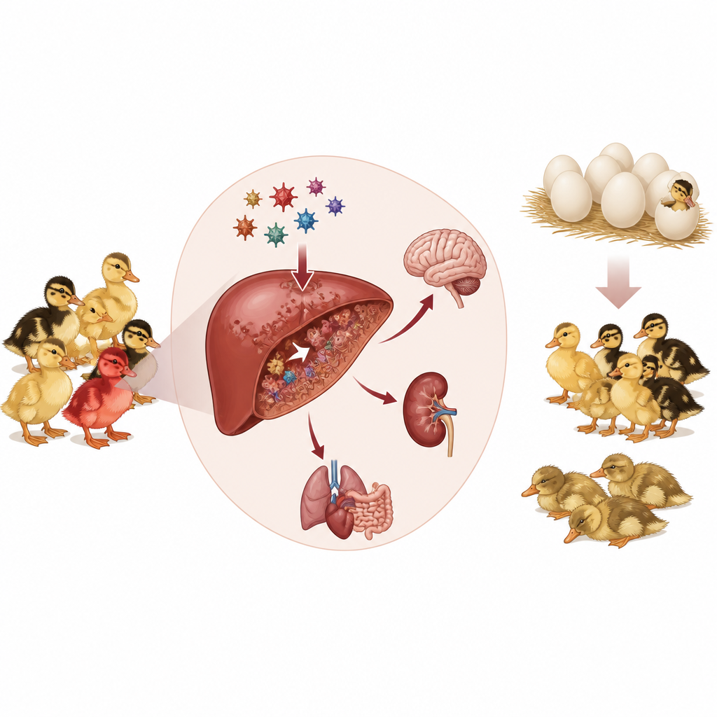 Figure 2. Yıldız biçimli bir ördek virüsünün ördek yavrularının karaciğerine ve organlarına nasıl girdiği, hızla hastalığa ve ölüme yol açtığı.