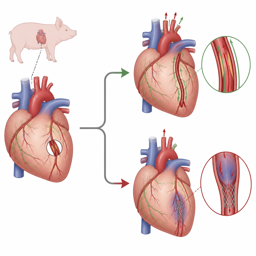 Figure 1. Twee wegen om een verstopte kransslagader te herstellen en hoe elk van beide de bloed- en vloeistofstromen van het hart verandert.