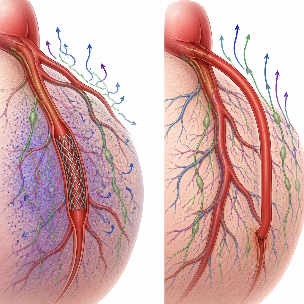 Figure 2. Hoe een stent versus een bypass de kleine vloeistofkanalen rond een kransslagader verandert en de afvoer beïnvloedt.