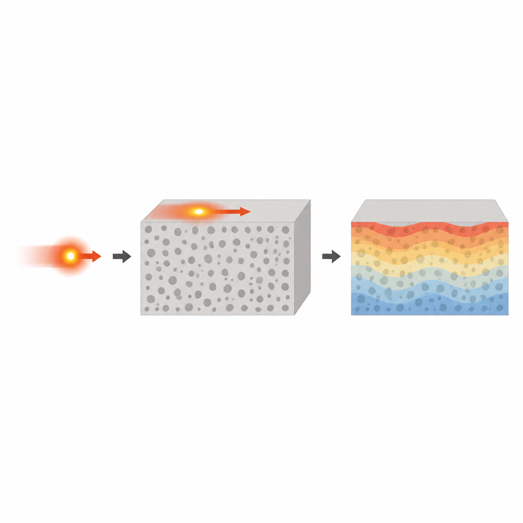Figure 1. How a moving hot spot across a porous solid creates waves of heat and deformation inside the material.