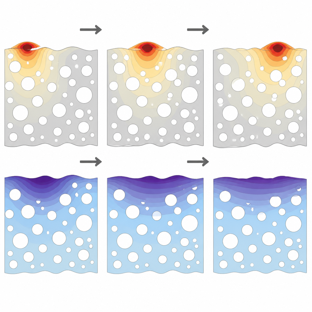 Figure 2. How a moving heat point in a porous solid produces delayed, smoothed waves of temperature and stress around the pores.