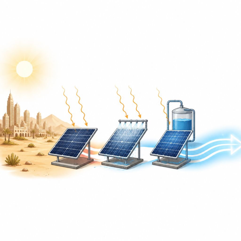 Figure 1. Wie die Kühlung heißer Wüsten-Solarmodule mit Wasser die nutzbare elektrische Energie erhöht