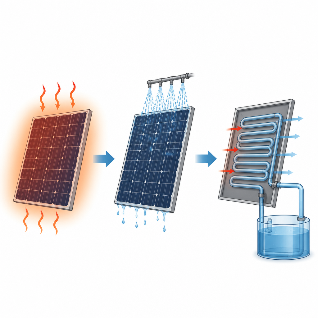 Figure 2. Schritt-für-Schritt-Aufnahme von Wassersprüh- und Mäanderkühlung, die Wärme von einem einzelnen Solarmodul abführt