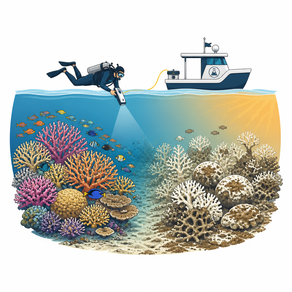 Figure 1. Healthy and sick corals in the Red Sea seen through changing colors that reveal hidden disease and stress.
