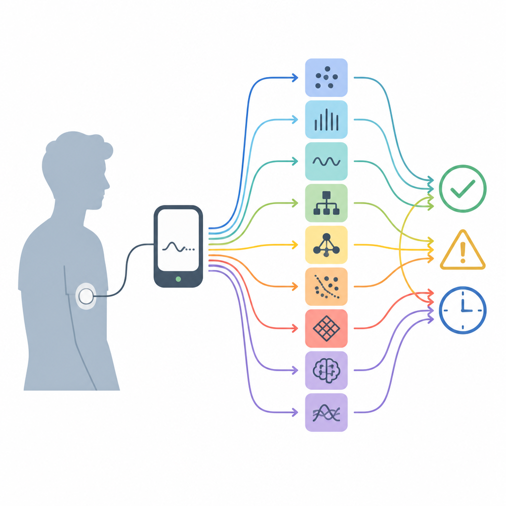 Figure 1. Wie körpergetragene Zuckersensoren und intelligente Algorithmen zusammenarbeiten, um im Alltag Essenszeiten zu erkennen