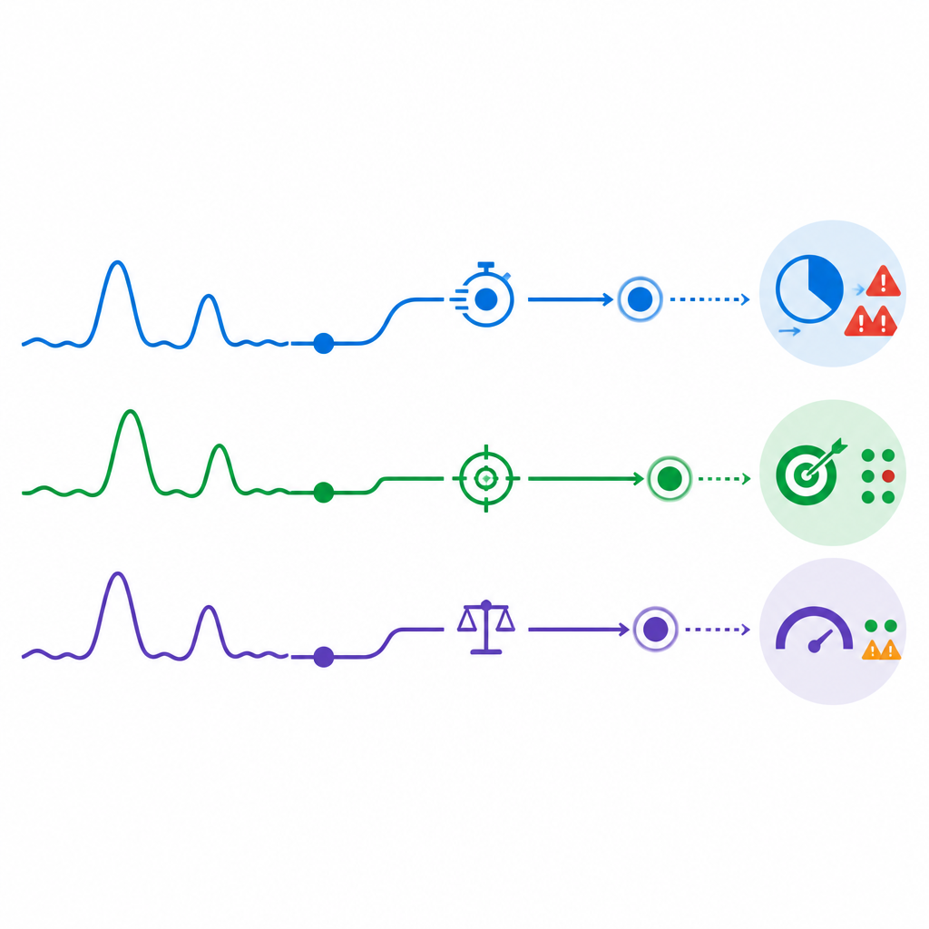 Figure 2. Verschiedene algorithmische Ansätze tauschen bei der Auswertung von Zucker-Kurven Geschwindigkeit, Genauigkeit und Fehlalarme gegeneinander aus