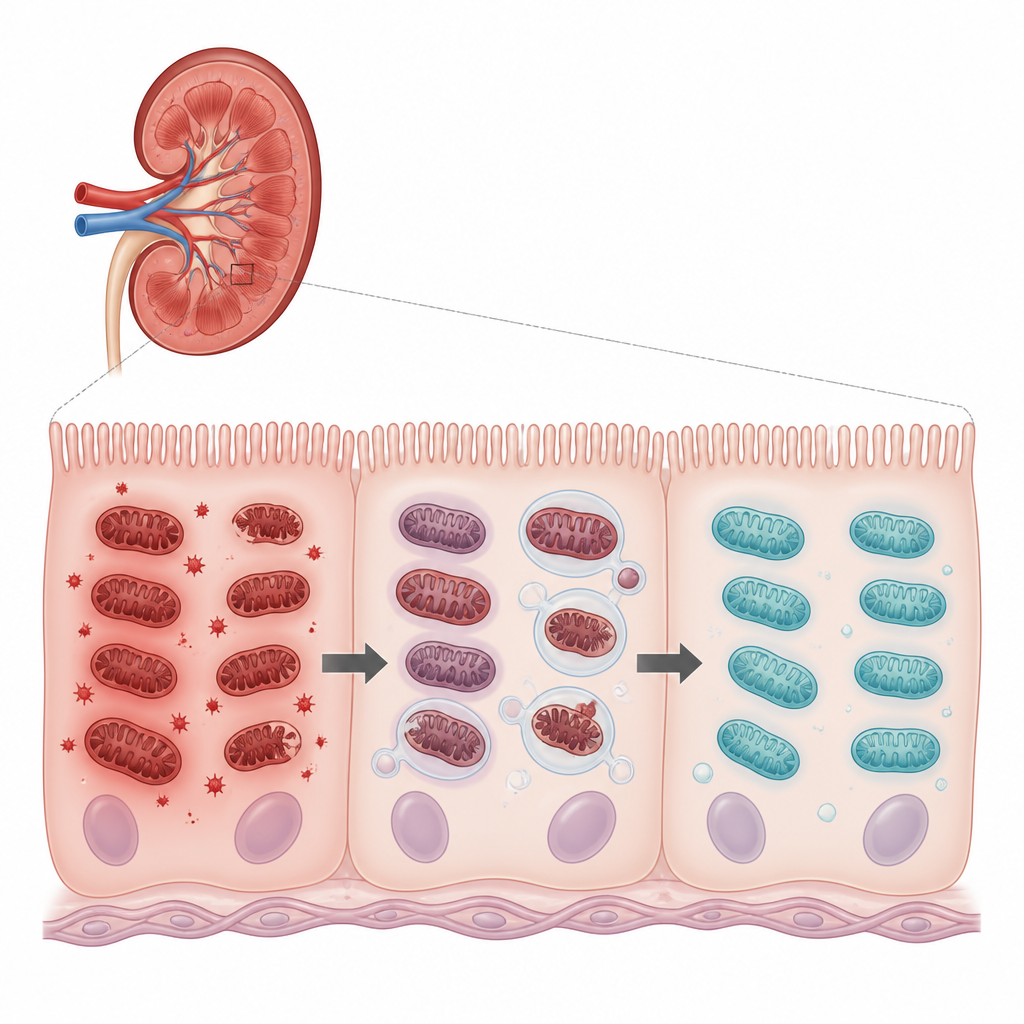 Figure 2. How kidney cells clean up damaged energy factories when helped by a diabetes drug during toxic stress.