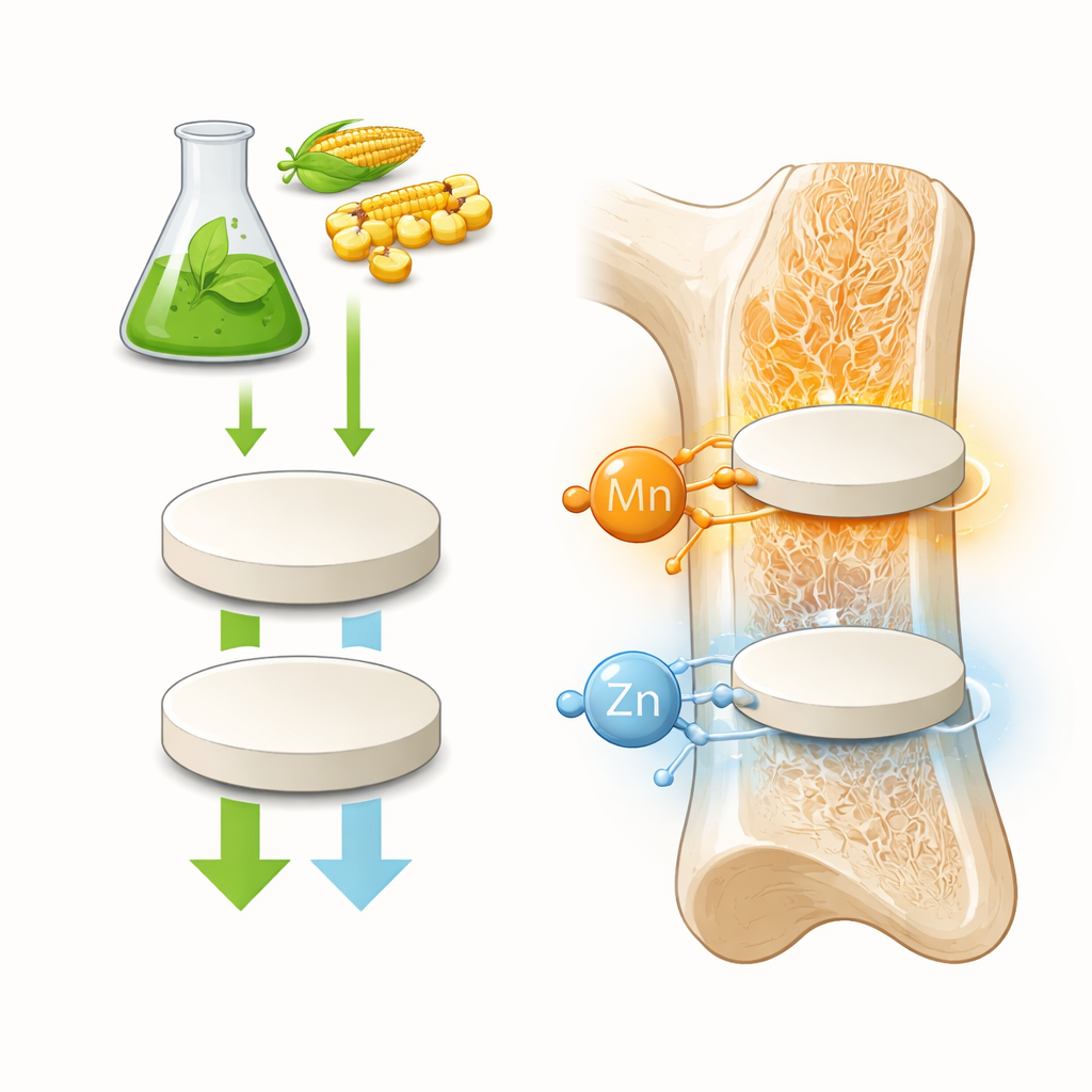 Figure 1. Milieuvriendelijke mangaankeramiek gemaakt van zetmeel helpt botachtige mineralen op implantaten vormen.