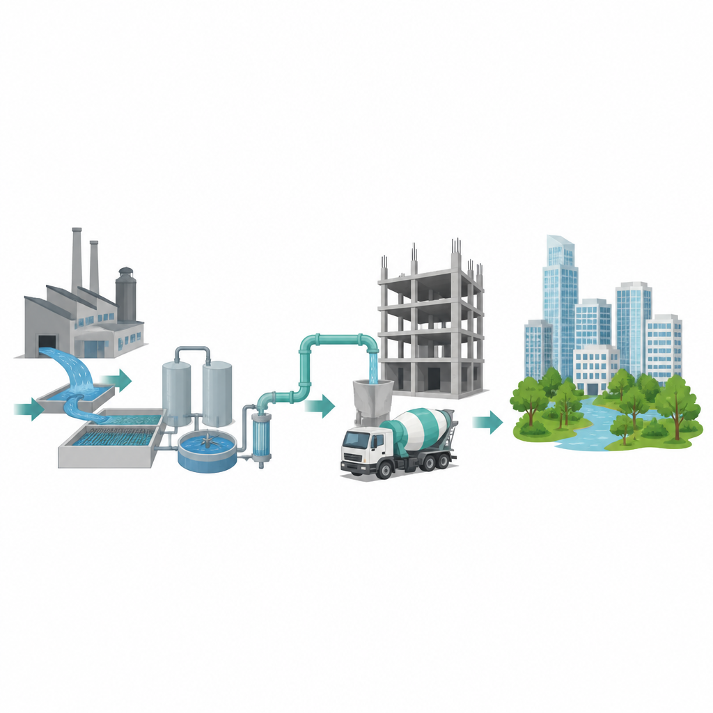 Figure 1. Het gebruik van gezuiverd fabriekswater in plaats van drinkwater om beton te mengen en zo zoetwatervoorraden te besparen.