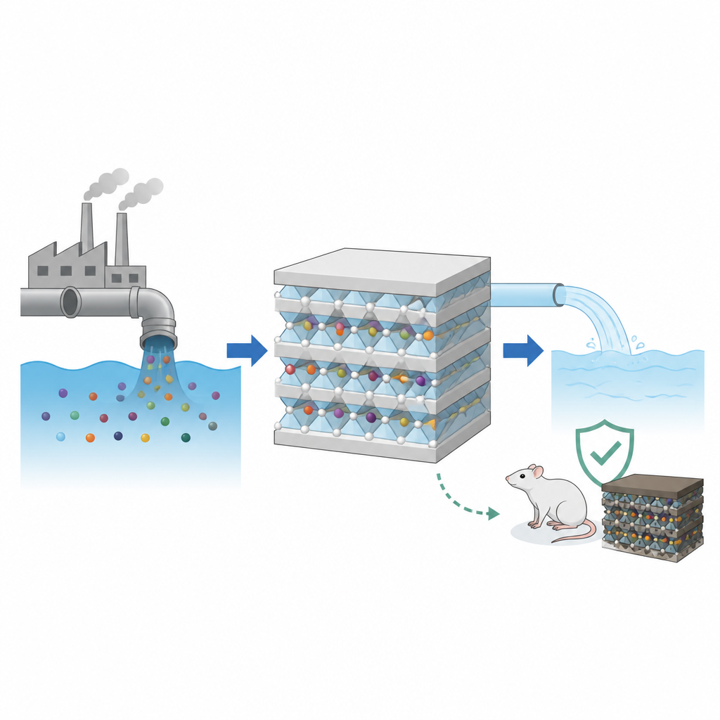 Figure 1. How a layered mineral sponge traps toxic metals from wastewater and is then checked for safety in living animals.