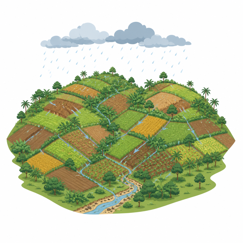 Figure 1. I piccoli campi frammentati su colline tropicali ripide interrompono il deflusso delle piogge e limitano la distanza a cui il suolo viene trasportato.
