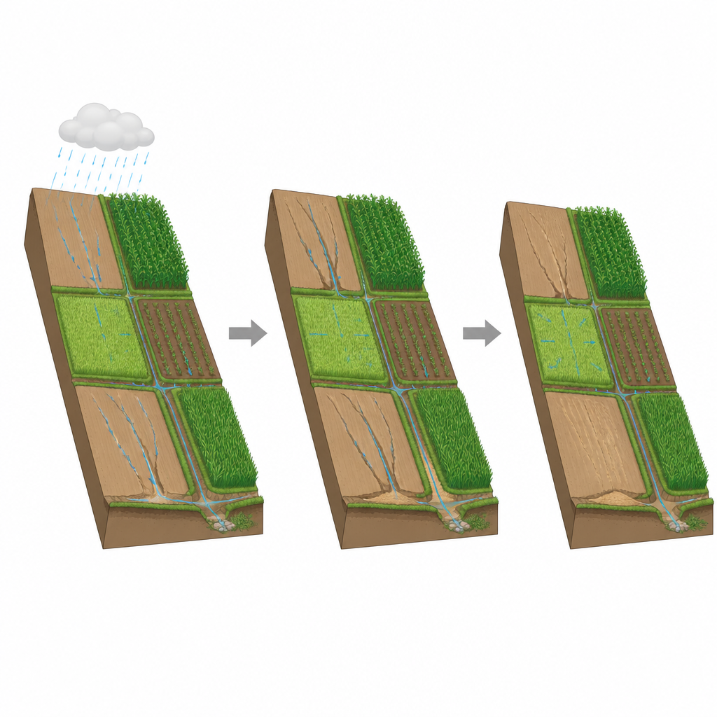 Figure 2. L’acqua piovana forma minuscoli canali in appezzamenti nudi, ma i campi vegetati e i fossi vicini arrestano il flusso e intrappolano il suolo in movimento.