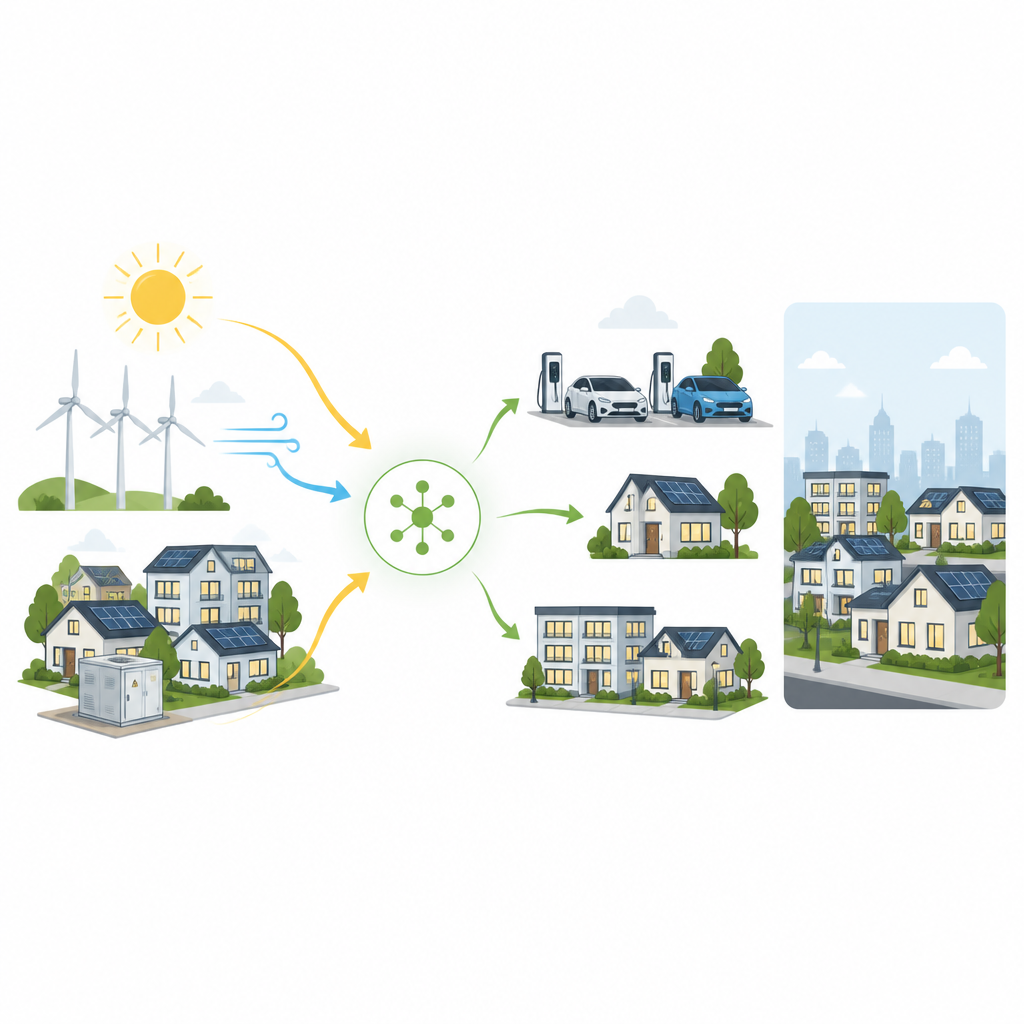 Figure 1. Jak lokalna sieć łączy energię słoneczną, wiatrową, baterie i ładowanie EV, aby utrzymać dostawy energii w dzielnicy czystymi i niezawodnymi.