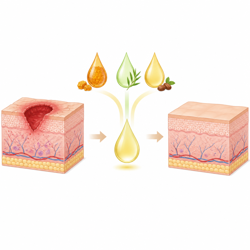 Figure 1. Натуральный масляный нано-гель, помогающий повреждённой коже пройти путь от открытой раны до гладкой зажившей поверхности