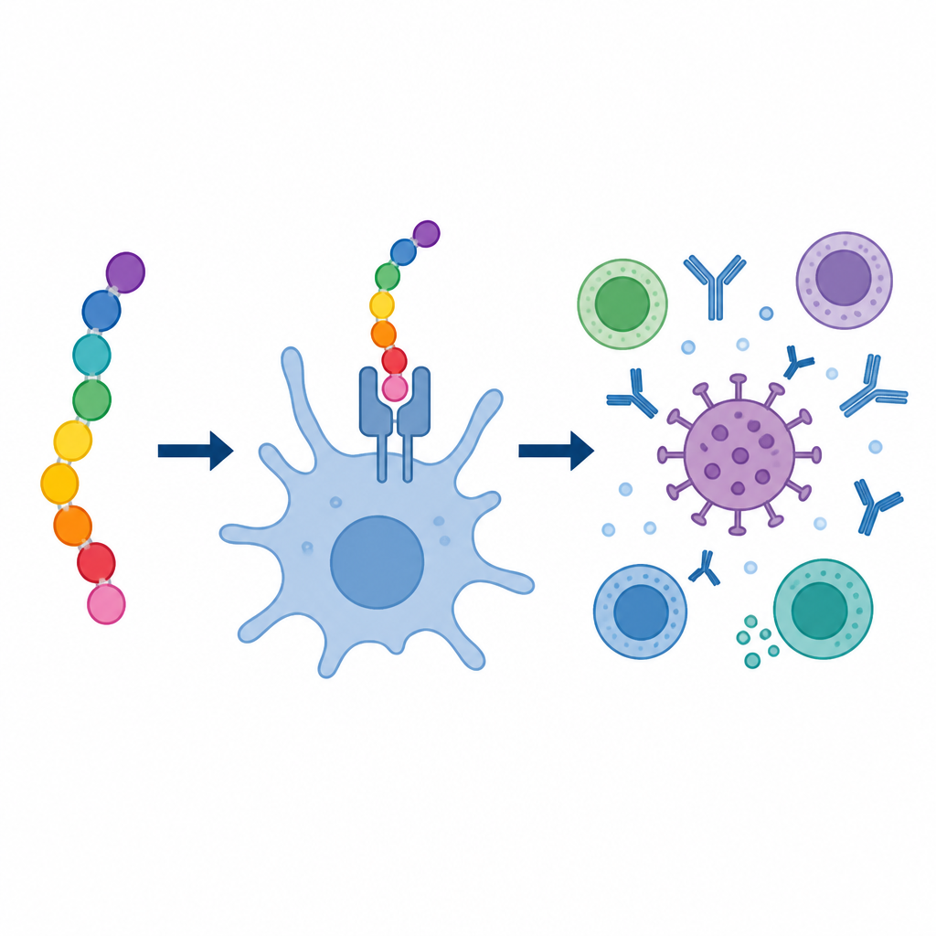 Figure 2. Frammenti virali collegati attivano le cellule immunitarie, che poi circondano e neutralizzano le particelle del virus chikungunya