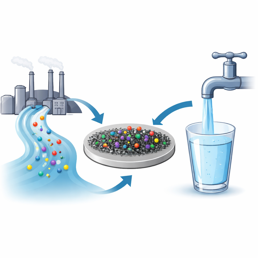 Figure 1. Vervuild water dat door een gecoate kristal stroomt en bijdraagt aan schoner drinkwater uit de kraan in huis.