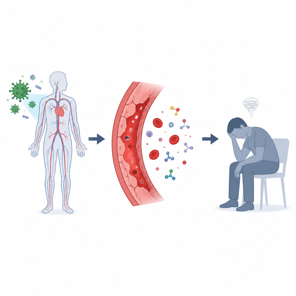 Figure 1. Van COVID-infectie naar aanhoudende vaatstress en vermoeidheid in het lichaam.