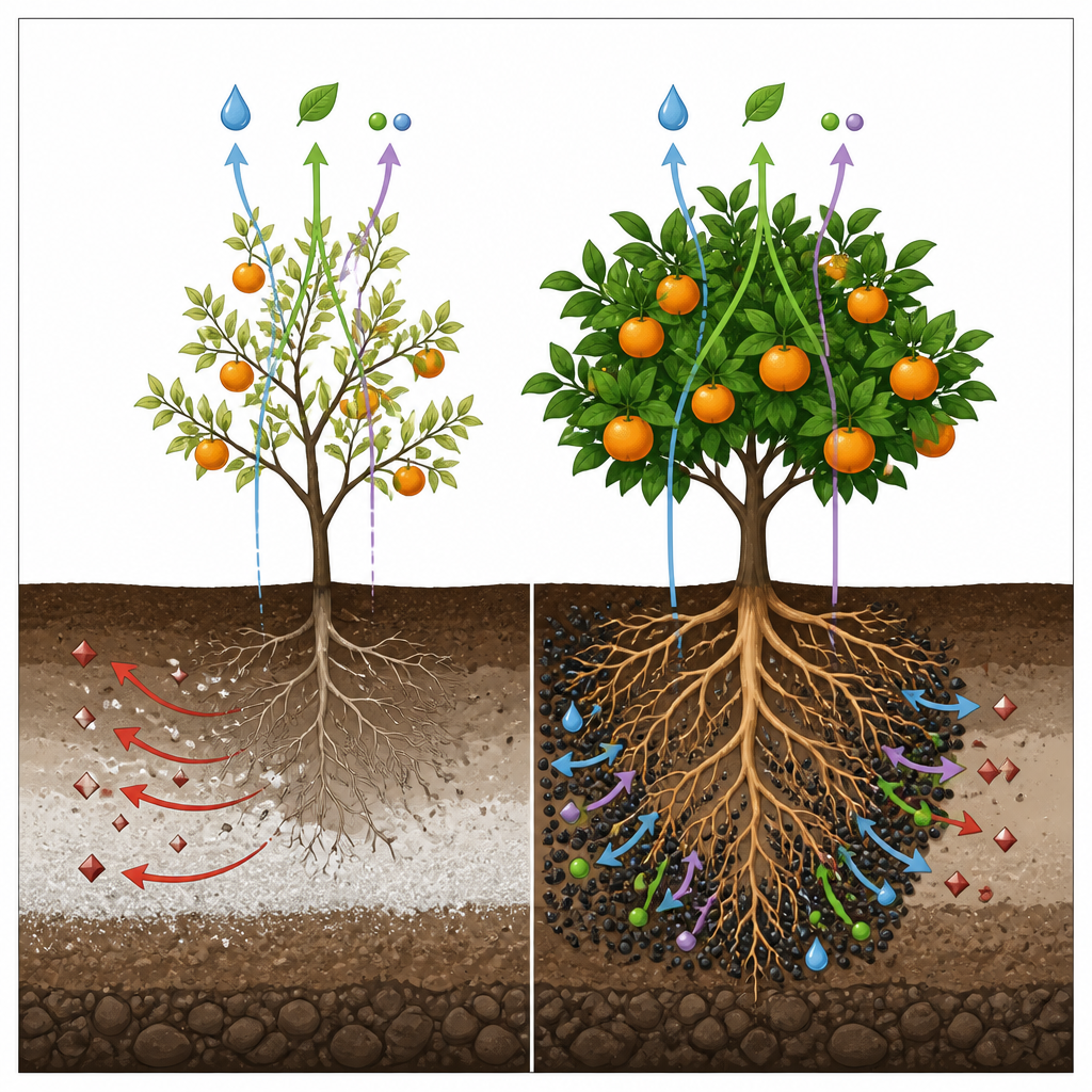 Figure 2. Magnetisch ijzer rond de wortels versterkt de beschikbaarheid van nuttige voedingsstoffen en water en beperkt zoutopbouw, wat leidt tot gezondere bomen en sappiger fruit.
