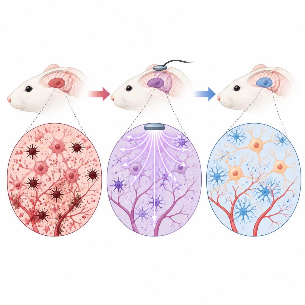 Figure 2. How a mild brain current calms damage, reduces inflammation, and preserves cells after an induced stroke in rats.