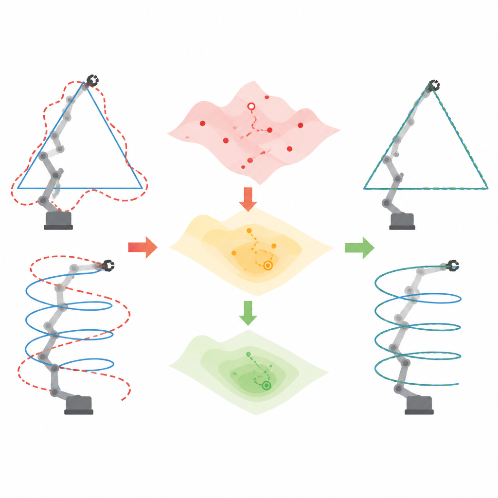 Figure 2. How combining global search and local refinement steps helps a robot arm stay closer to its target path.