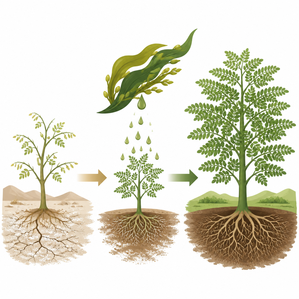 Figure 1. Algensprays helfen Moringabäumen, in salzigen, austrocknenden Böden gesund und grün zu bleiben.