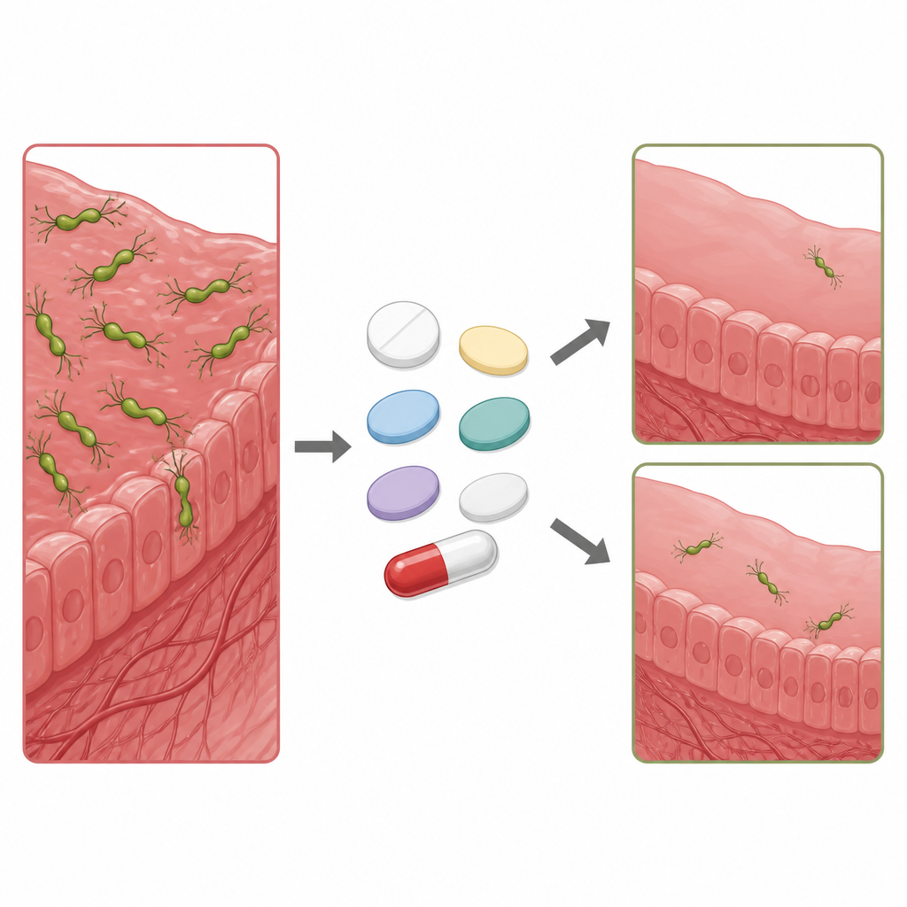 Figure 2. Combination pills attack stomach bacteria, showing higher but still imperfect clearing of infection in patients.