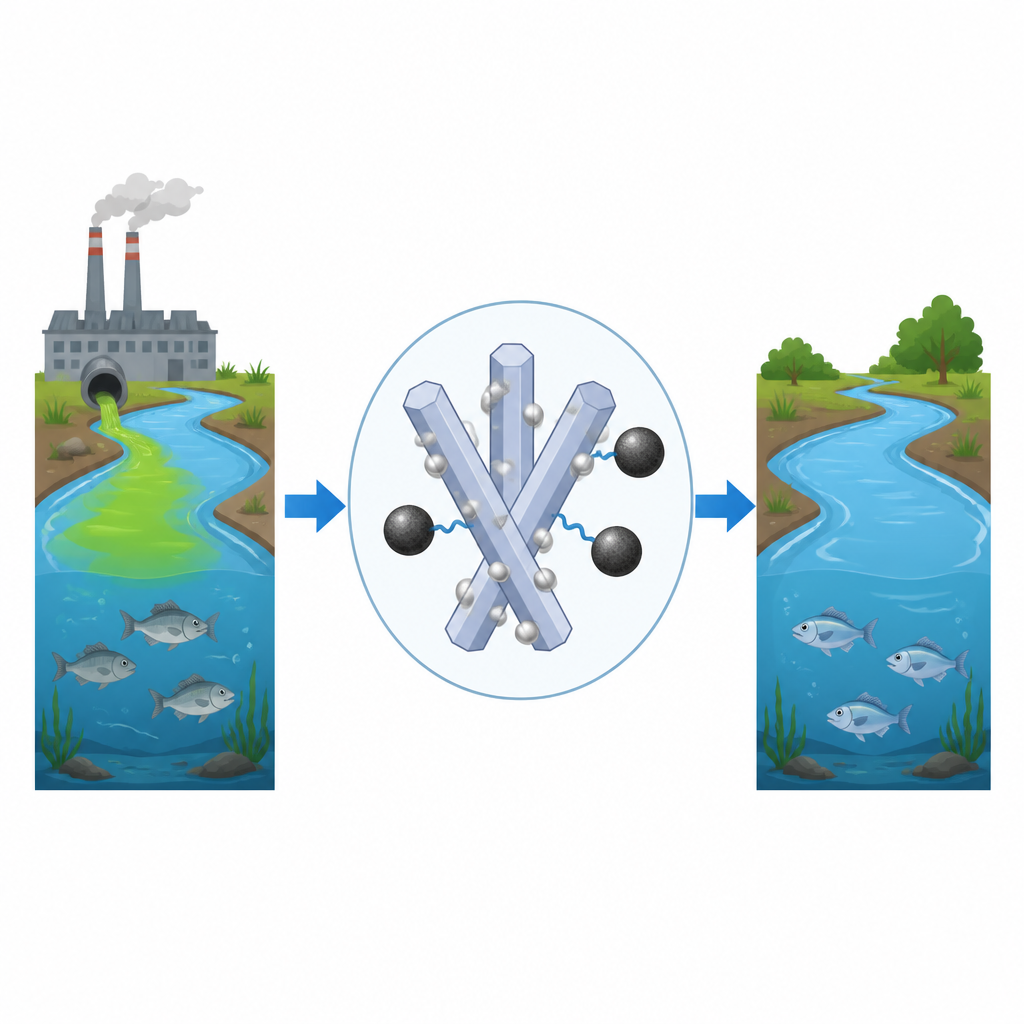 Figure 1. Nanoparticle blends use light and magnetism to clean toxic green dye from polluted water.