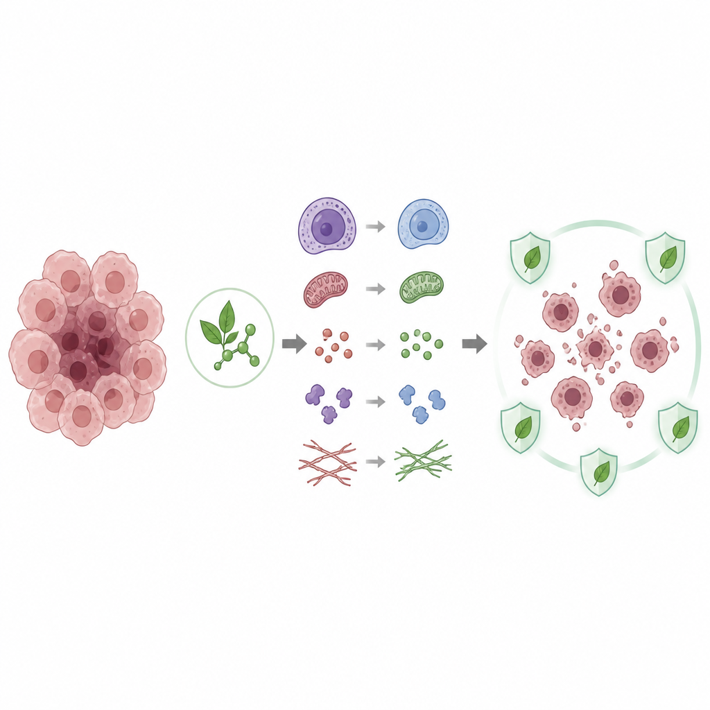 Figure 2. How a plant compound changes cancer cell machinery step by step to trigger cell death and adjust cell stress defenses.