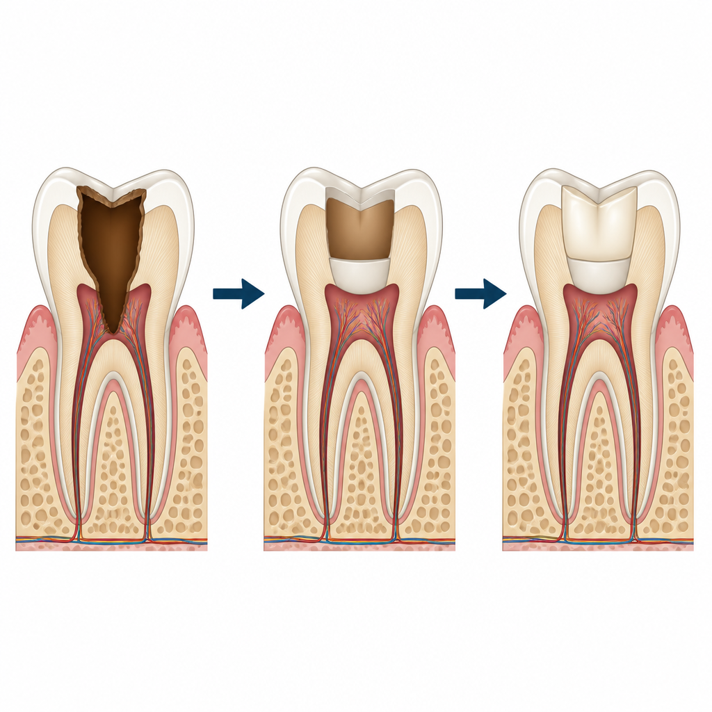 Figure 1. كيف يساعد رفع حواف التجاويف العميقة بطبقة أساس في إعادة بناء سن خلفي قوي.