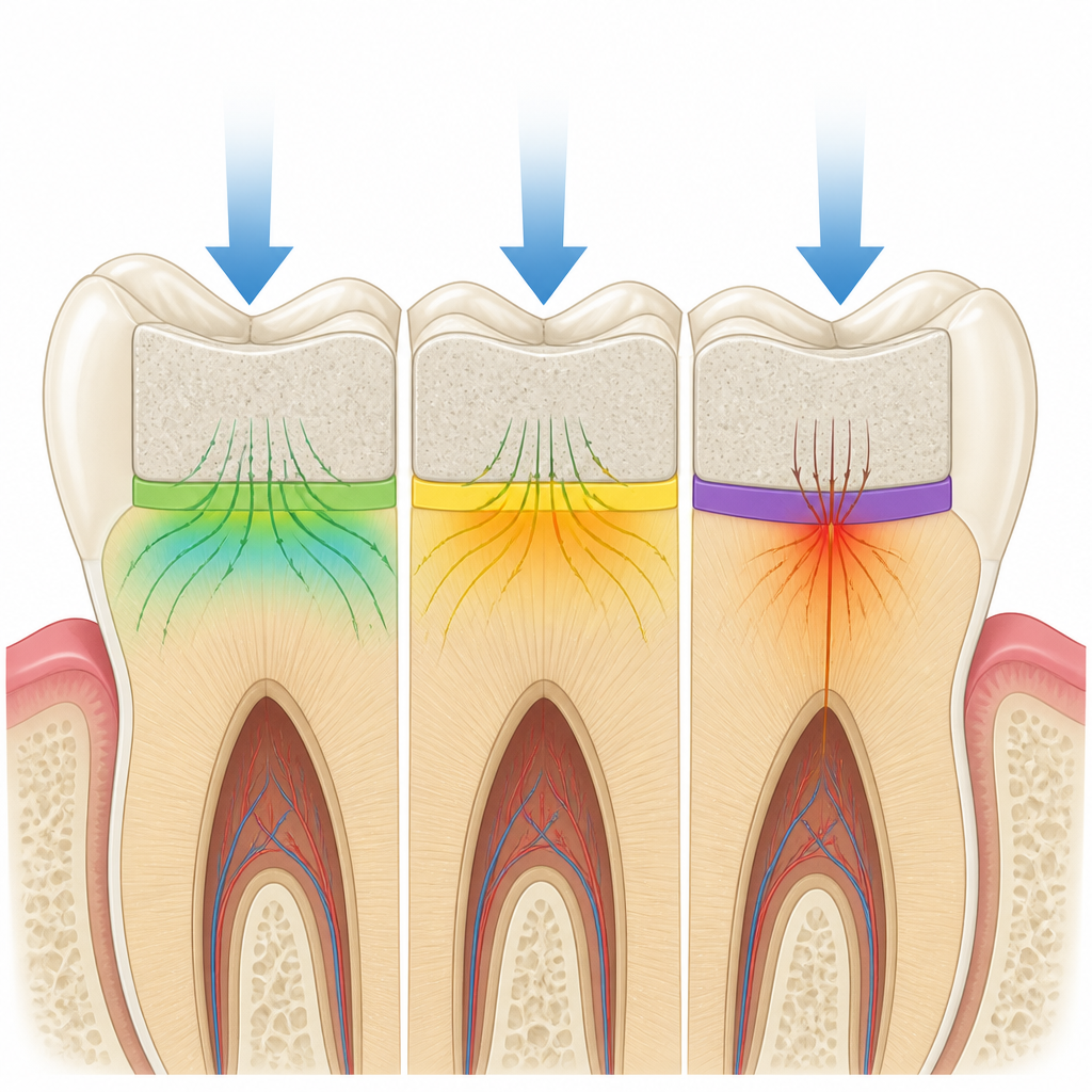 Figure 2. كيف تغيّر طبقات القاعدة المختلفة تحت حشوة الأسنان طريقة توزيع قوى المضغ.