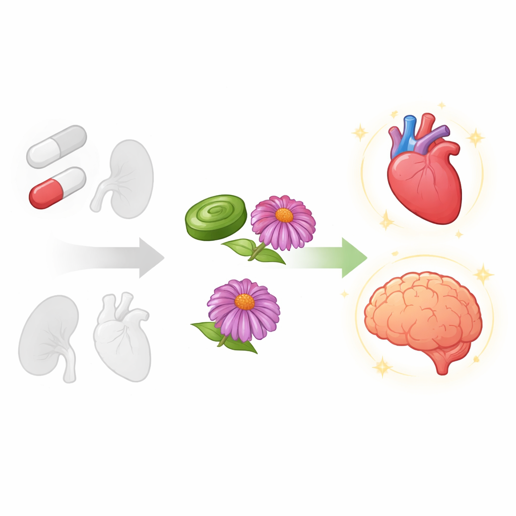 Figure 1. Natuurlijke Spirulina en Echinacea helpen hart, hersenen en milt te beschermen tegen door chemotherapie veroorzaakte schade in een eenvoudig schematisch beeld.