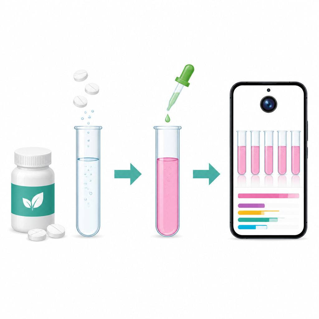 Figure 1. Gebruik van een smartphonecamera om roze reageerbuisjes af te lezen en de sterkte van een Alzheimer-medicijn te controleren.