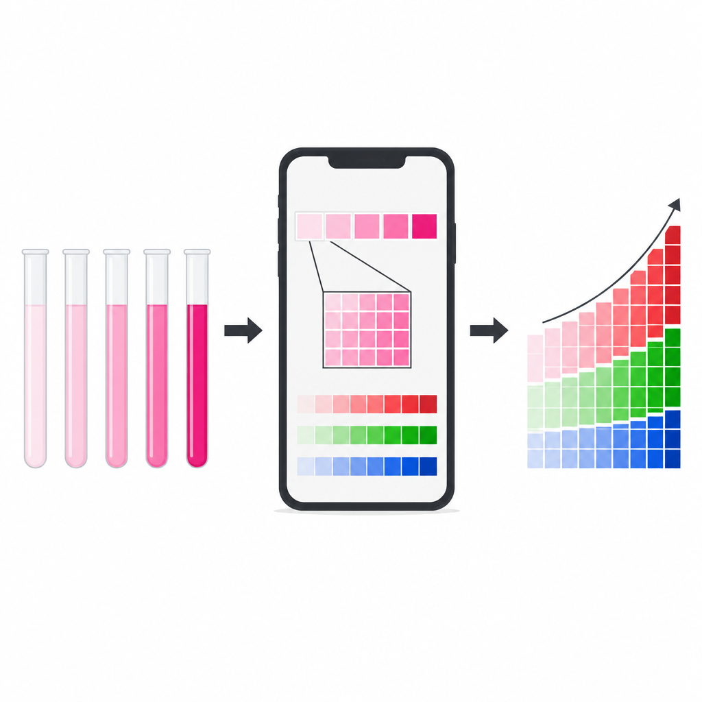 Figure 2. Roze reageerbuisjes met toenemende kleurintensiteit worden via een smartphone omgezet in een duidelijke, oplopende resultaatcurve.