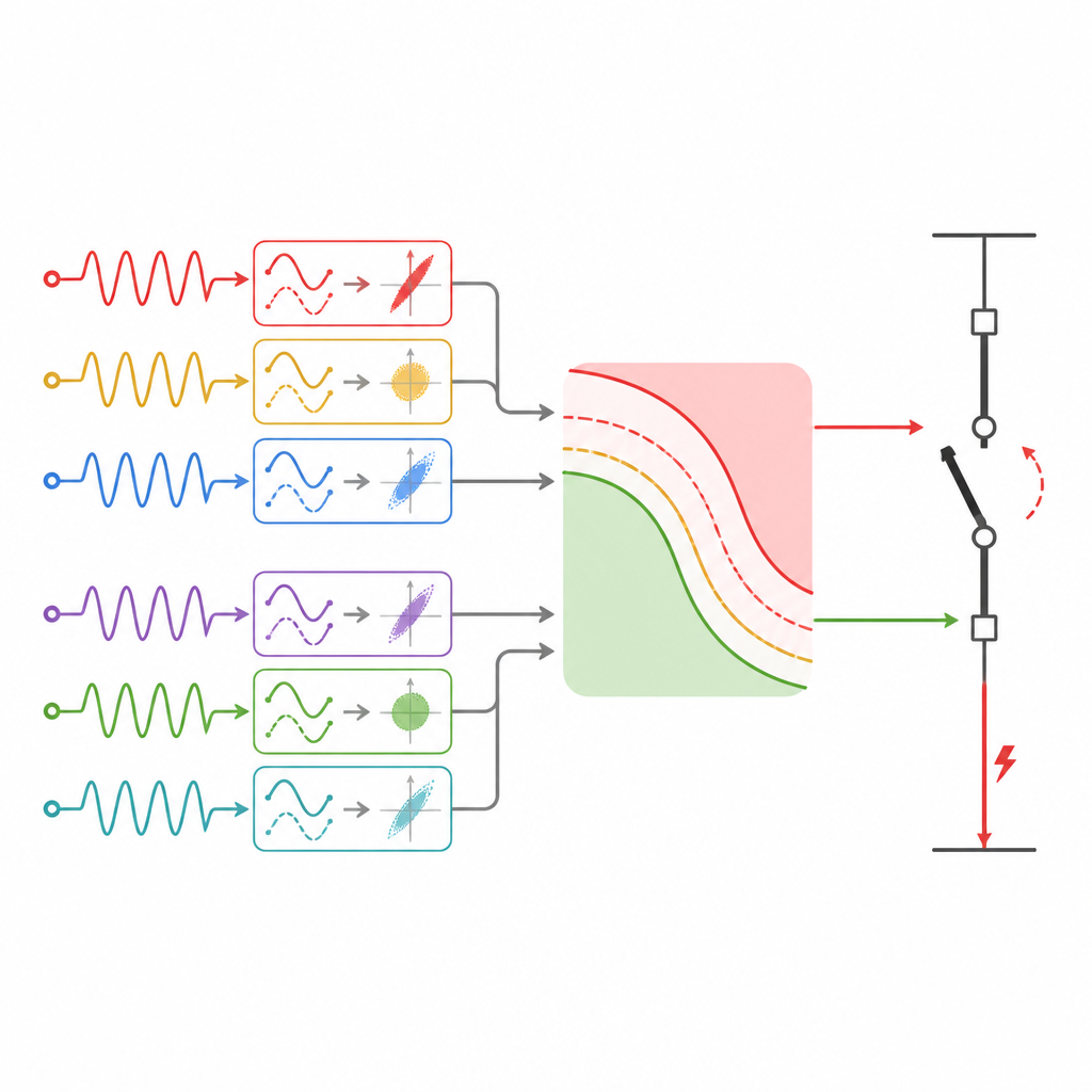 Figure 2. Spannungs- und Stromkurven speisen einen einfachen Index, der eine gekrümmte Grenze überschreitet und einen Leistungsschalter auslöst, um eine fehlerhafte Leitung zu isolieren.