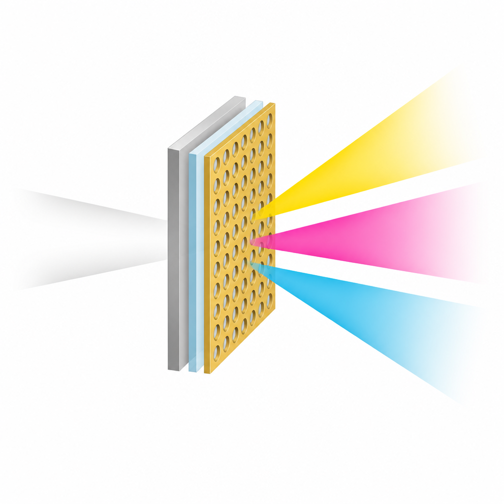 Figure 1. Wit licht valt op een gepatroneerd zilveroppervlak en weerkaatst als levendig cyaan, magenta of geel zonder het gebruik van kleurstoffen.