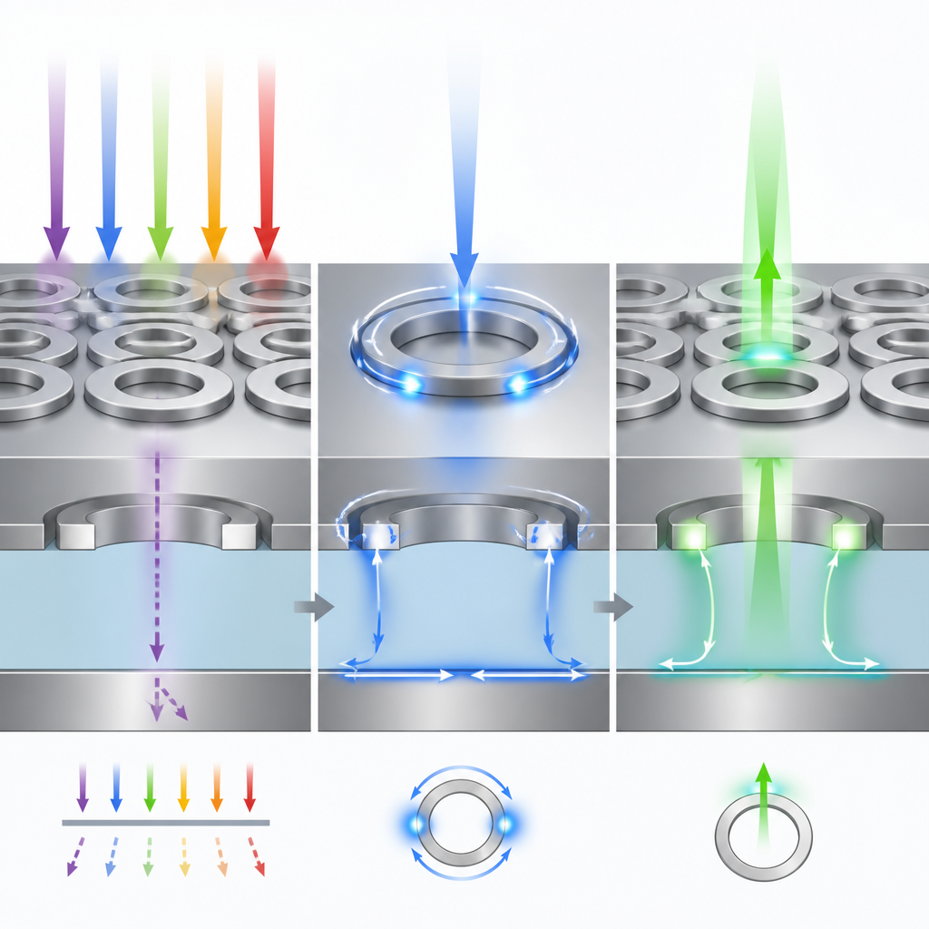 Figure 2. Licht circuleert in piepkleine metalen ringen en spleten zodat specifieke golflengten worden gevangen en geabsorbeerd terwijl andere weerkaatsen als kleur.