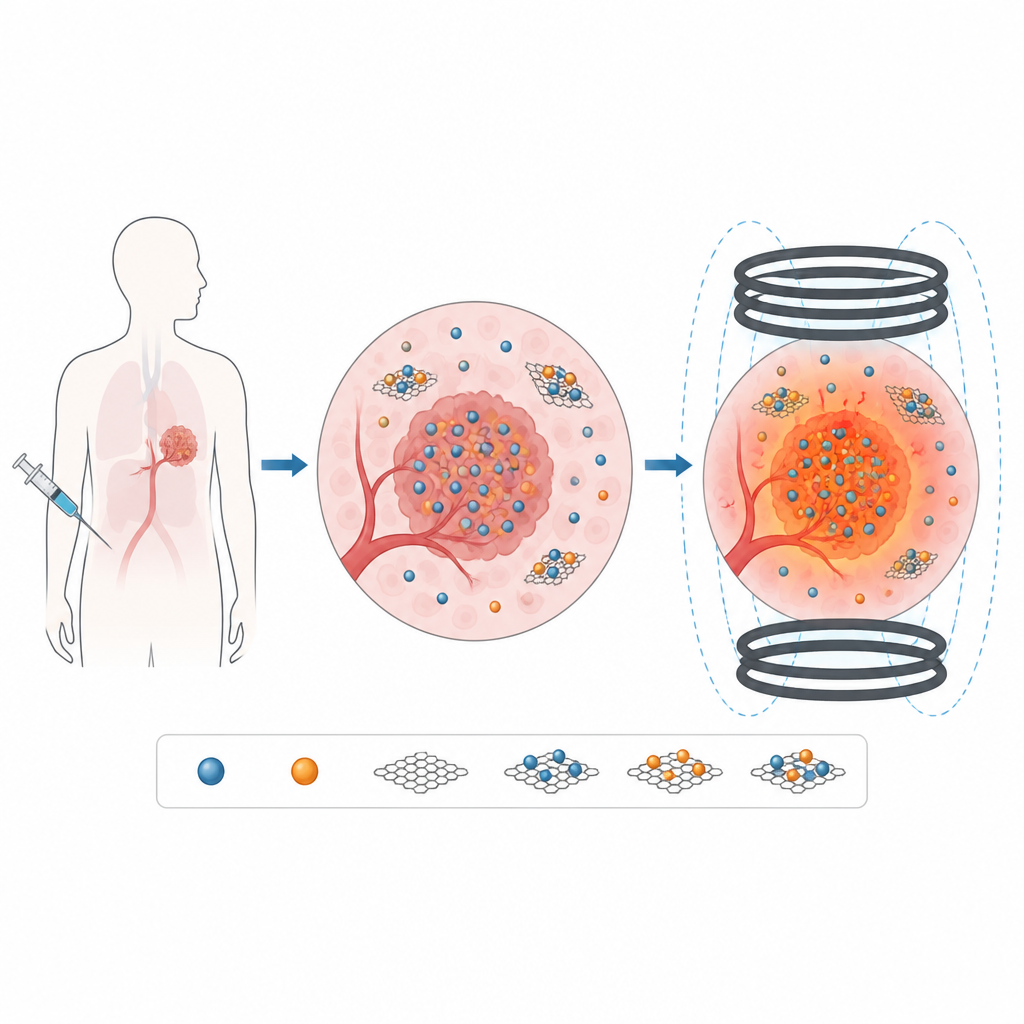 Figure 1. Magnetische nanodeeltjes, deels op grafeenvellen, verwarmen een tumor wanneer een extern veld wordt ingeschakeld.