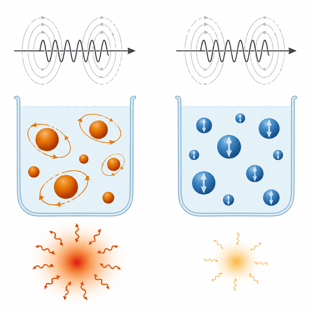 Figure 2. Twee soorten nanodeeltjes verwarmen anders omdat de ene zijn magnetisatie kan omkeren terwijl de andere voornamelijk roteert.