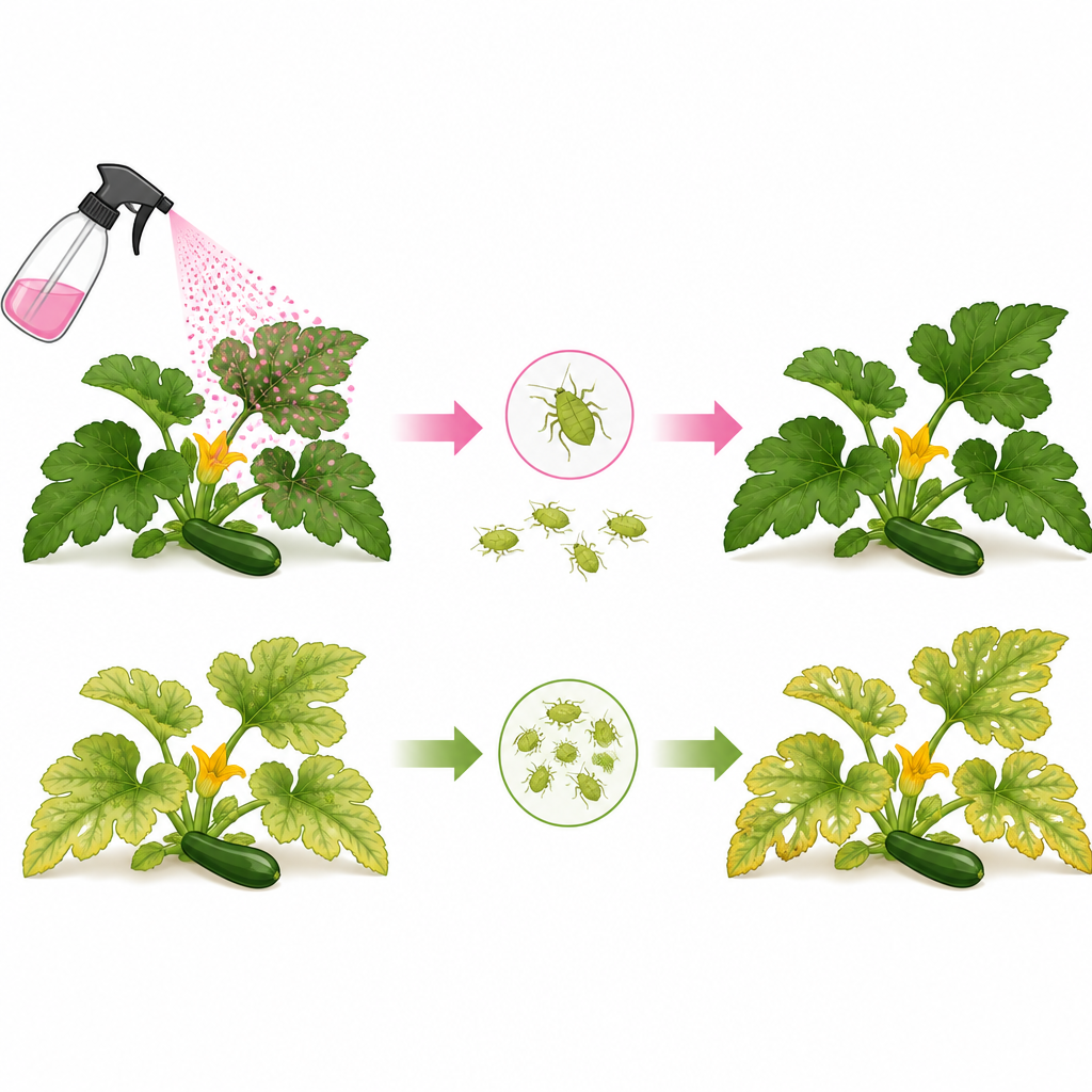 Figure 1. Lichtaktivierter rosa Farbstoff, auf Kürbispflanzen gesprüht, reduziert Blattlauszahlen und Virusschäden in einer einfachen feldähnlichen Szene.