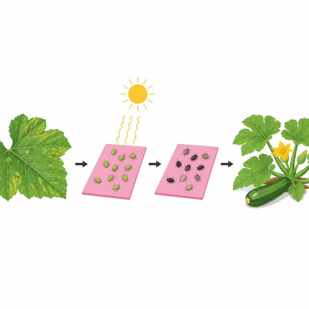 Figure 2. Schrittweise Darstellung von Blattläusen auf eingefärbten Oberflächen unter Sonnenlicht, die zu absterbenden Insekten und schließlich zu einer gesunden Kürbispflanze führt.