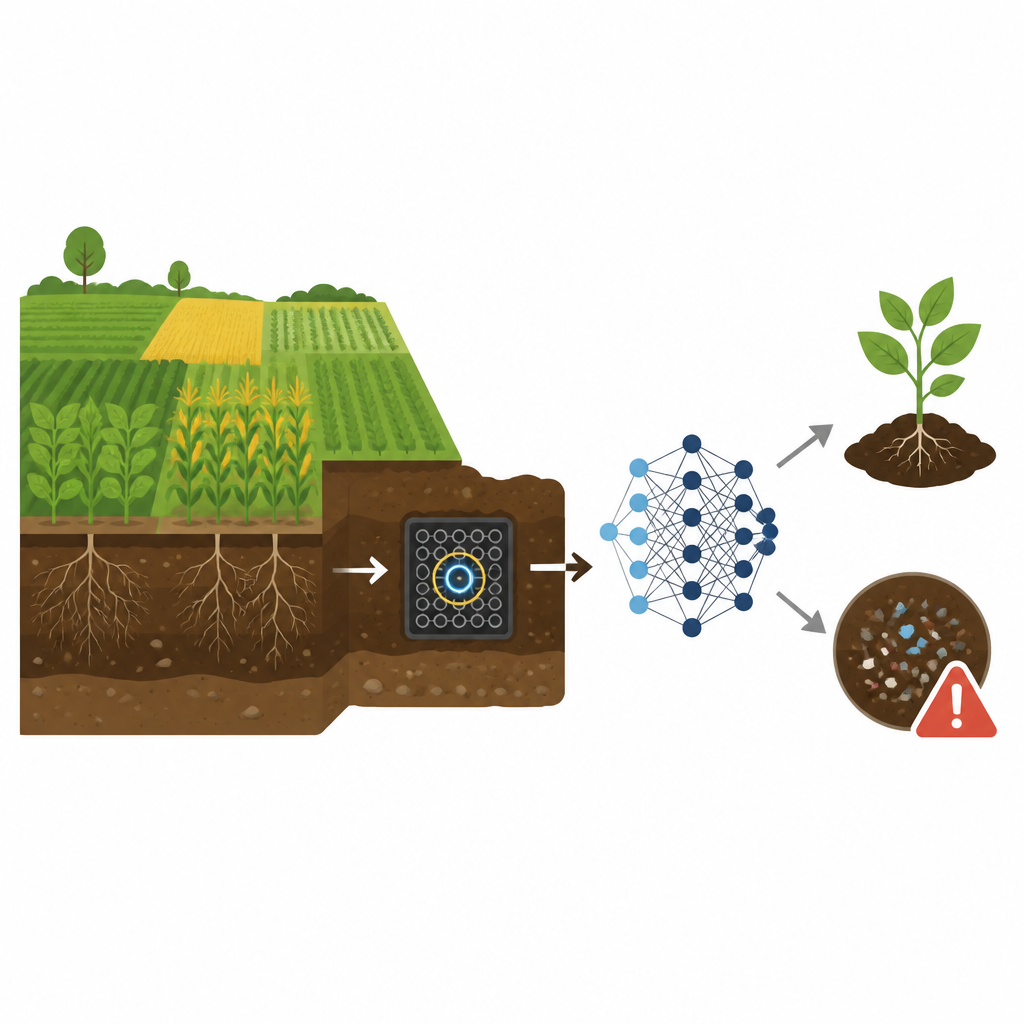 Figure 1. Soil flows past a tiny chip that works with AI to reveal nutrients and hidden plastic pieces in the ground.