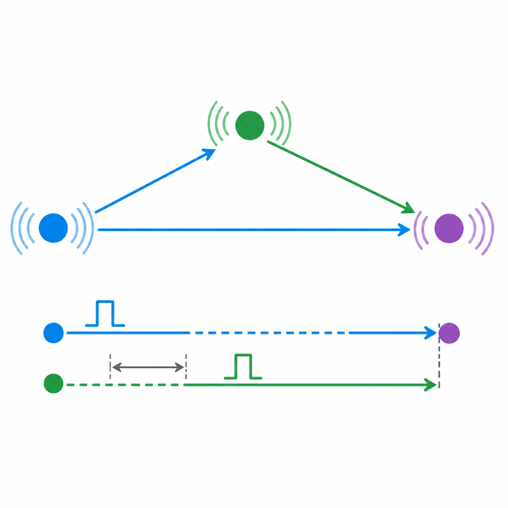 Figure 1. Sorgente wireless, relay e destinazione che condividono una stessa banda in cui un percorso relay ritardato aumenta l’affidabilità invece di causare interferenza.