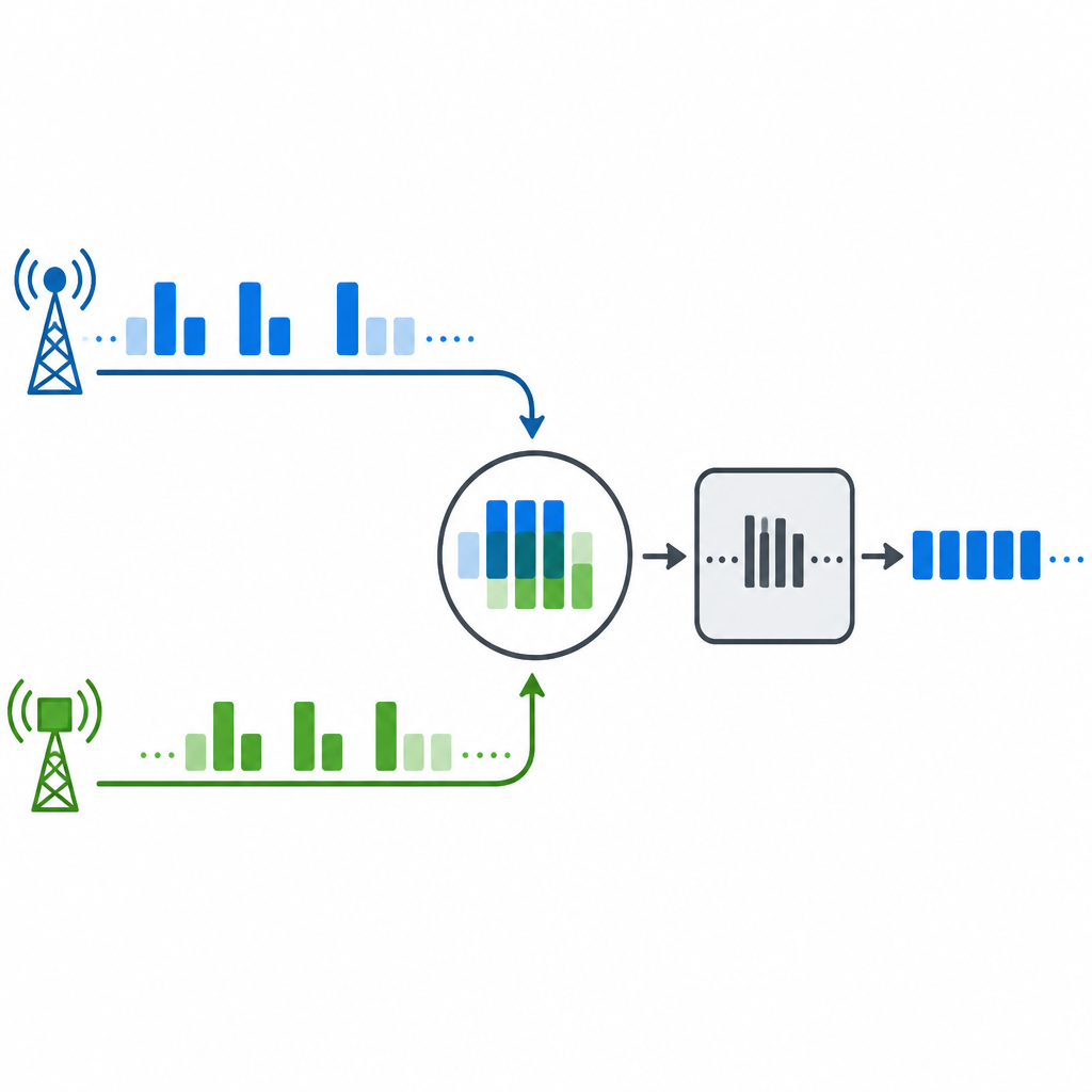 Figure 2. La destinazione combina passo dopo passo i segnali diretti e ritardati dal relay in modo che impulsi sovrapposti producano un flusso di dati più pulito e meno rumoroso.