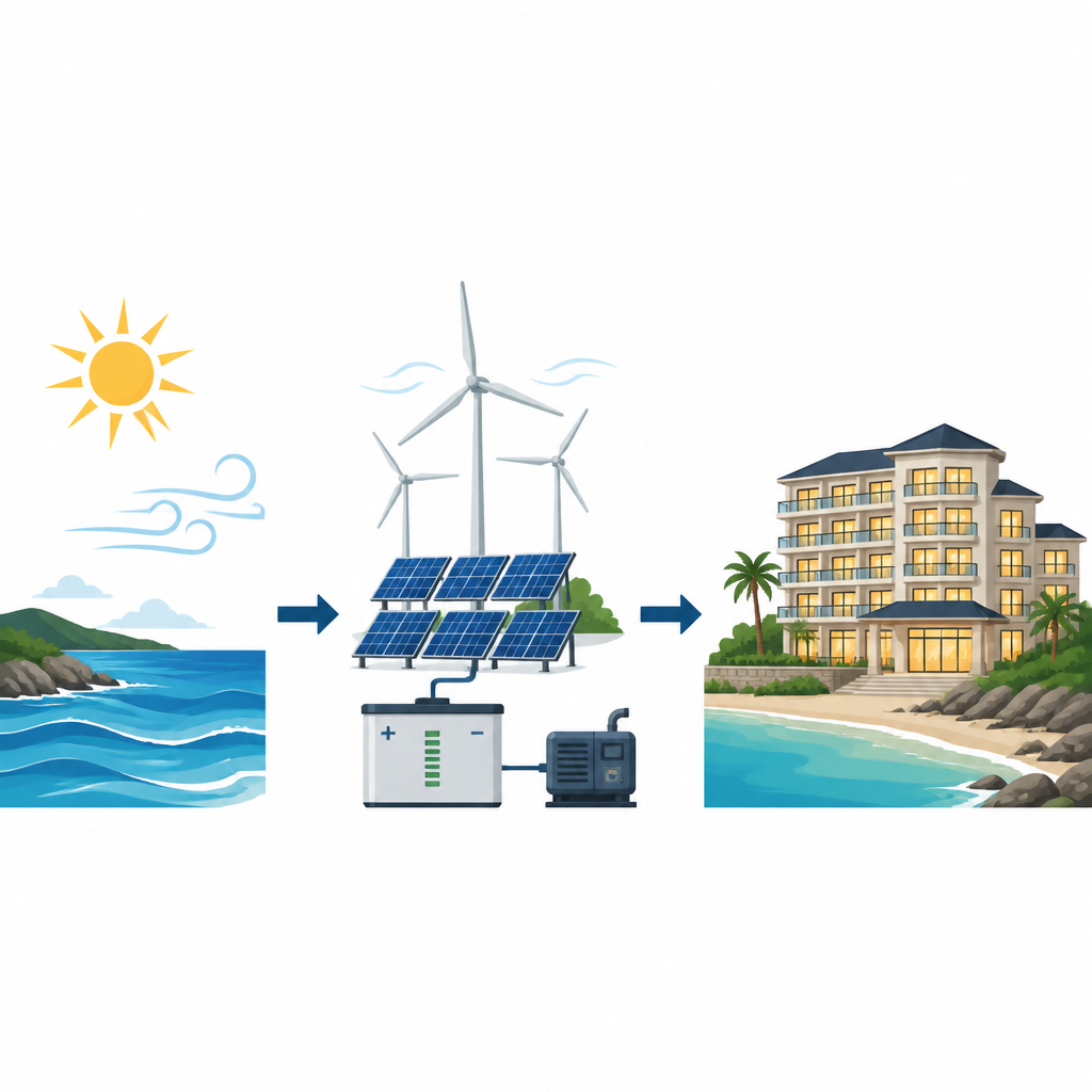 Figure 1. Hoe zon, wind en batterijen een afgelegen kusthotel kunnen voeden zonder afhankelijkheid van het net