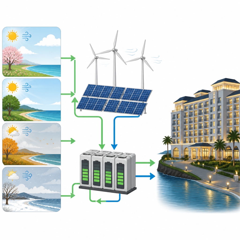 Figure 2. Hoe seizoensgebonden zon en wind een batteriesysteem voeden om constante elektriciteit aan een groot hotel te leveren