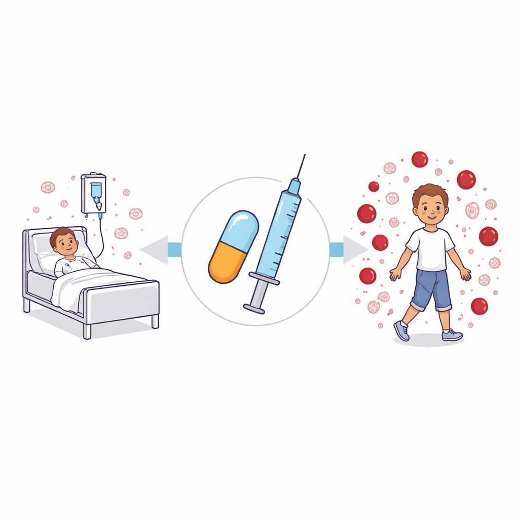 Figure 1. Hoe een geneesmiddel dat de aanmaak van bloedcellen stimuleert, kinderen met gevaarlijk verzwakte beenmergfunctie kan helpen herstellen in de loop van de tijd.