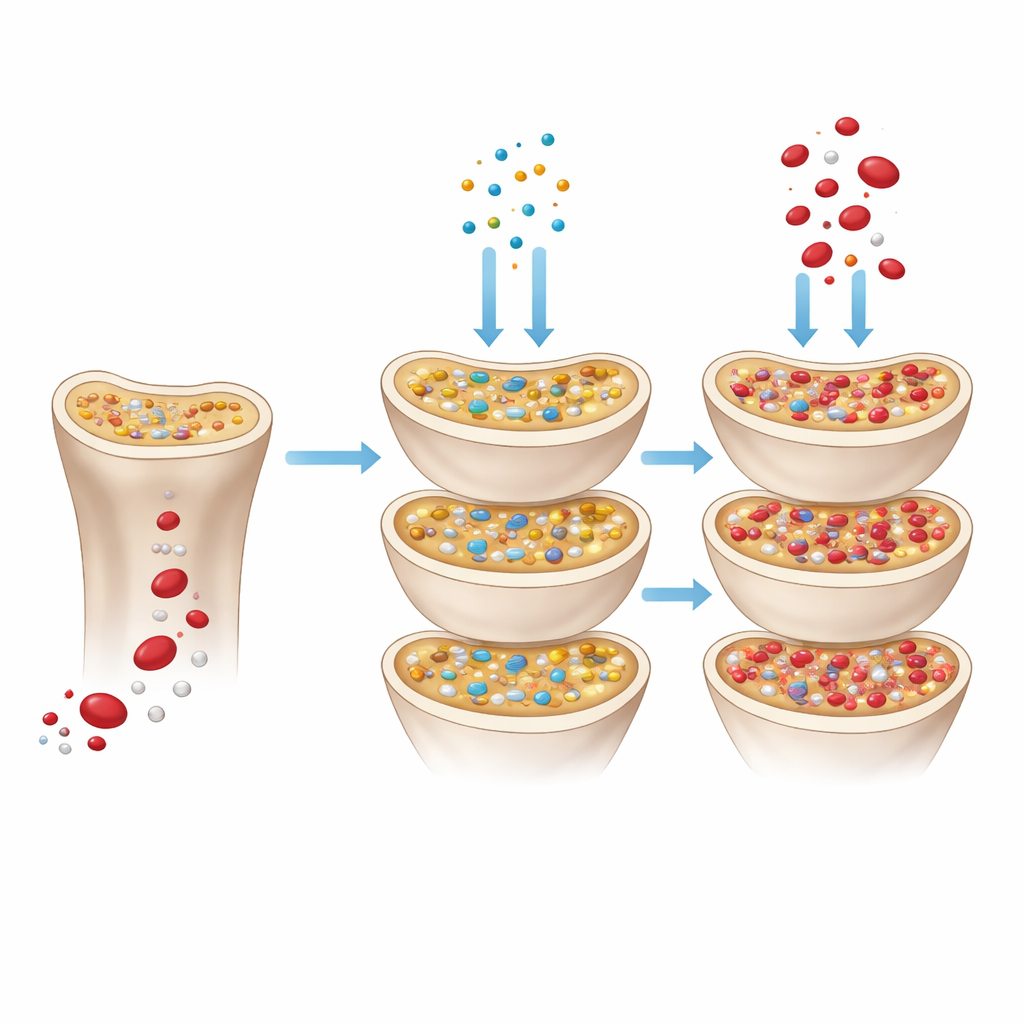 Figure 2. Stapsgewijze beschrijving van hoe een medicijn leeg beenmerg aanzet tot het groeien van nieuwe cellen en het herstellen van gezonde bloedcelproduktie.