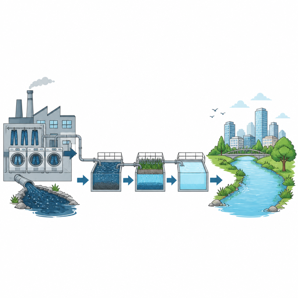 Figure 1. Cómo fluye el agua desde las fábricas de denim a través de etapas de tratamiento hasta ríos más limpios y una menor extracción de agua dulce.