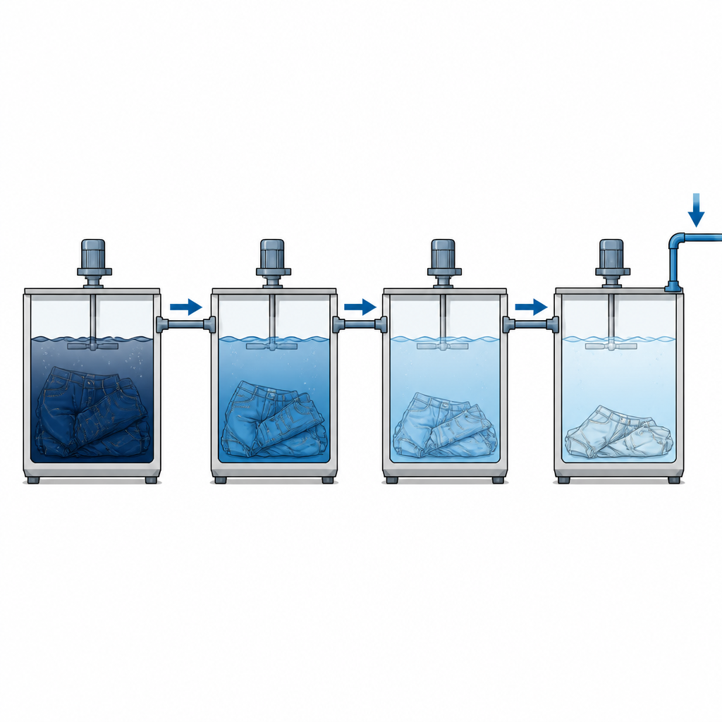 Figure 2. Cómo las aguas de enjuague se desplazan entre tanques del proceso del denim, volviéndose más limpias y reutilizadas para reducir la necesidad de agua nueva.